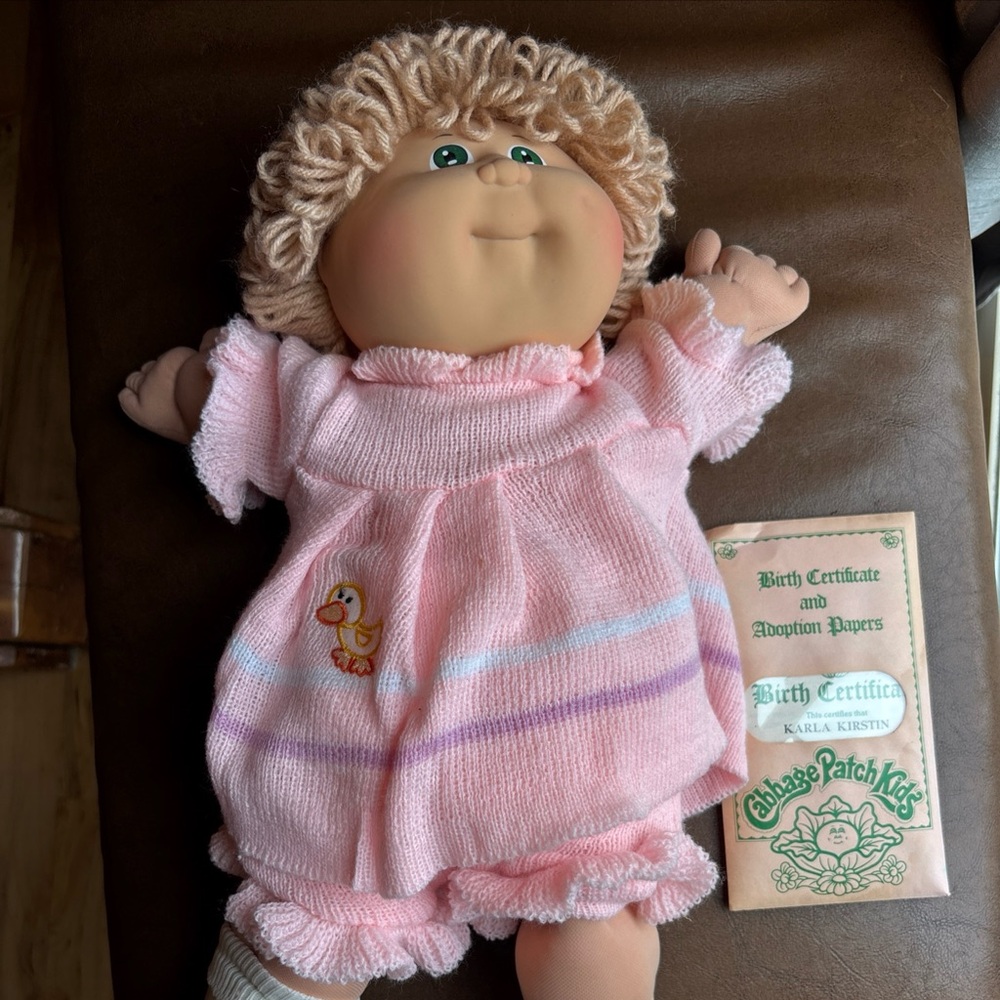 Cabbage Patch Kids original doll 1980s brown Blonde hair Green Eyes NEW Pink NOS